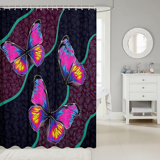 Feelyou Butterfly Shower Curtain 72"x72" Kids Butterflies Botanical Floral Print Bathroom Shower Curtain Set for Boys Girls Teens Geometric Stripes Bath Curtain Colorful Bathroom Accessories