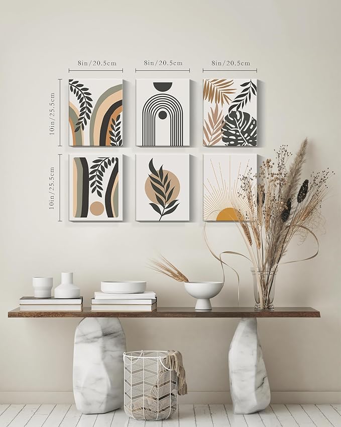 Boho Wall Art , Minimalist Wall Art , Boho Room Decor, Bohemian Moon Phases Wall Painting For Living Room Bedroom Kitchen Office Home Decor Set of 6, 8x10in (Framed)