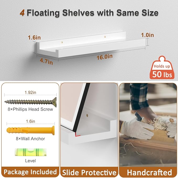 Floating Shelves for Wall Decor White, Rustic Solid Pine Wood Floating Shelves Wall Mounted, Wall Shelves with Lid for Living Room Bathroom Bedroom Kitchen, 16 Inch Set of 4 (White, 4Pack 16inch)