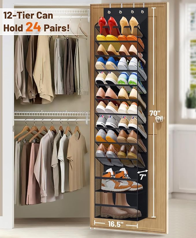MISSLO 12 Tier Over the Door Shoe Organizer Hanging Shoe Rack for Closet Storage Sneaker Holder for Door Fit 24 Pairs Sandals, Heels, Boots (Black)