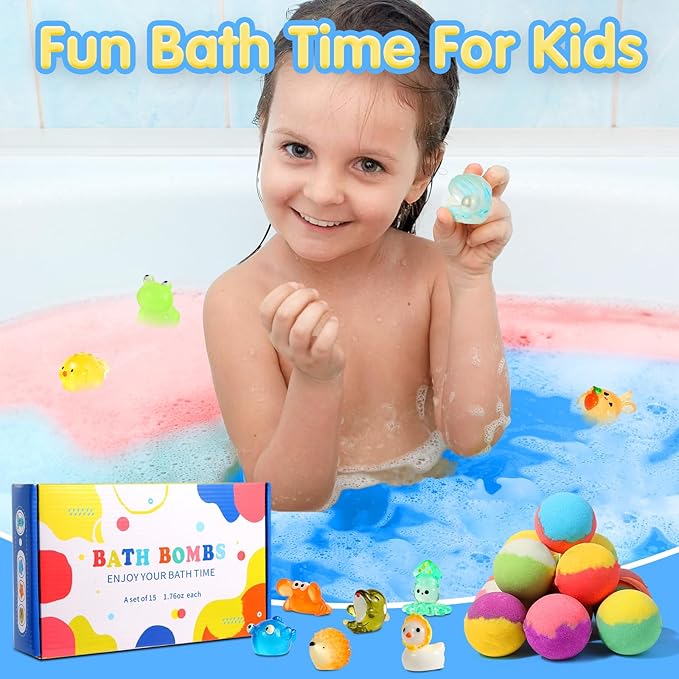 Bath Bombs for Kids - 15pcs Bath Bombs with Surprise Toys Inside, Kids Friendly & Non-Toxic Fizzy Shower Bombs for Girls Boys, Handmade Bubble Bombs Bath Gift for Birthday, Christmas