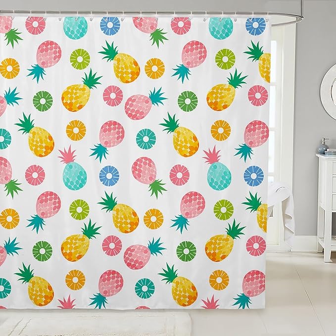 Feelyou Pineapple Shower Curtain Colorful Fruits Fabric Shower Curtain for Kids Boys Girls Tropical Pineapple Bathroom Waterproof Accessories with 12 Hooks Watercolor Curtains,72X84 Inches