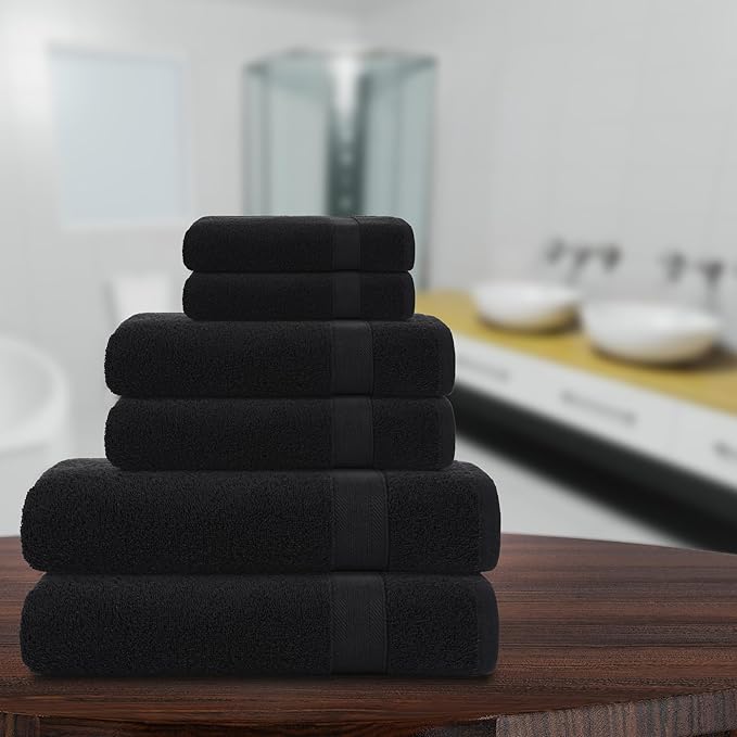 Quick-Dry, Soft & High Absorbent Bath Towels Cotton Turkish Bath Towel Set of 6 | Daily Use 100% Cotton Towels for Bathroom, Gym & More | Bathroom Towels Set (6 Pcs, Black)