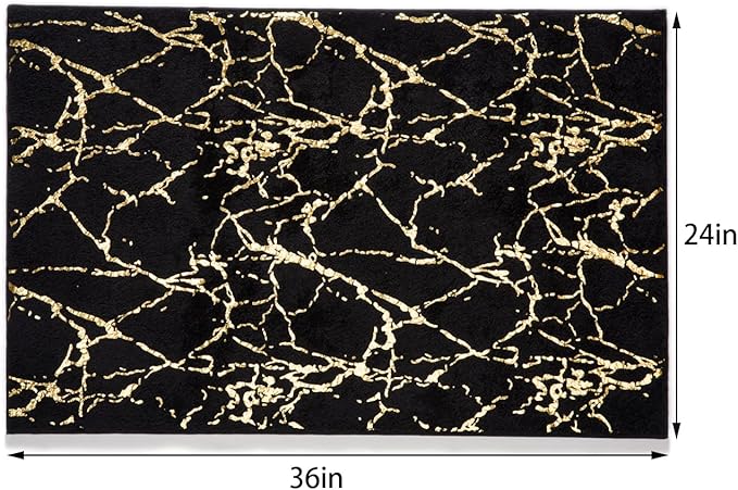 QJHOMO Marble Bathroom Rug Black and Gold Decor Bathroom Rugs Non Slip Bath Mat Super Absorbent Microfiber Plush Bathmat Machine Washable Floor Carpet for Tub, Shower, Bedroom (24x36 inch)