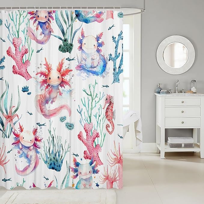 Feelyou Cartoon Axolotl Bathroom Waterproof Accessories with 12 Hooks Watercolor Salamander Fabric Shower Curtain for Kids Boys Girls Green Corals Shower Curtain Sealife Curtains,72X84 Inches