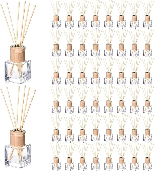 Roshtia 50 Set Reed Diffuser Bottle Empty Refillable Fragrance Glass Diffuser Bottles with Wooden Caps Rattan Sticks 50ml 1.7 oz Glass Jars for DIY Fragrance