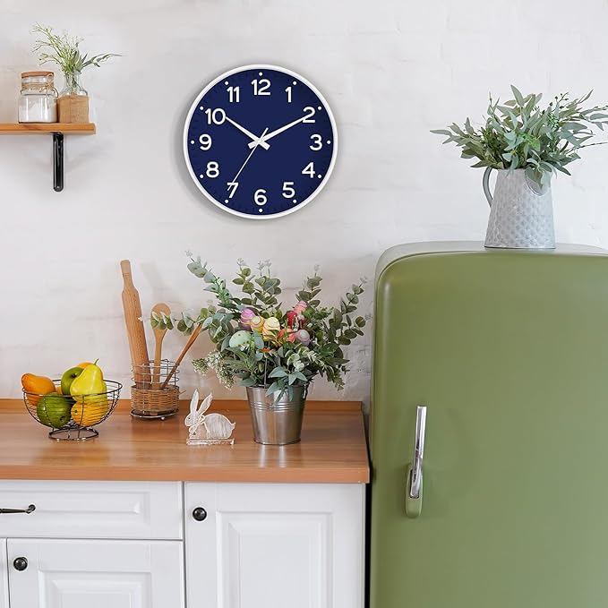 Wall Clock 12 Inch Silent Wall Clocks Battery Operated- Modern Non Ticking Analog Clock Decorative for Living Room Bedroom Office Kitchen(Navy Blue)