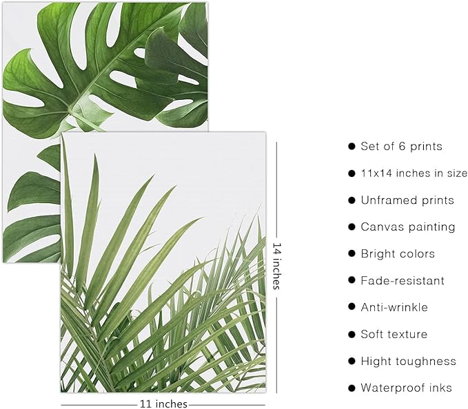 HoozGee Botanical Plant Wall Art Prints Set of 6 Green Plant Wall Decor Prints Canvas Leaves Kitchen Wall Art Boho Leaf Boho Bathroom Decor (11"x14" UNFRAMED)