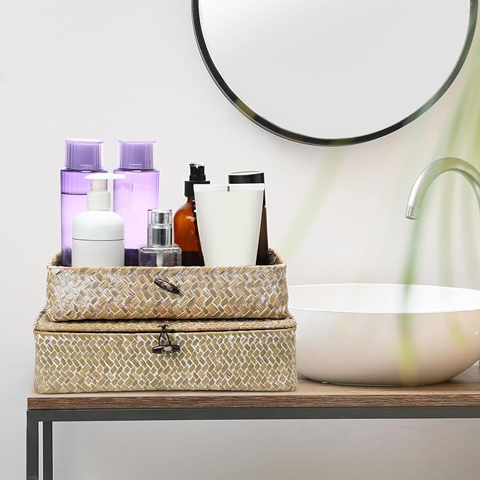 Set of 4 Seagrass Basket with Lid Wicker Storage Basket Decorative Storage Boxes with Lids Flat Storage Bins Woven Organizer Baskets for Shelf Closet Bedroom, 4 Sizes (White)