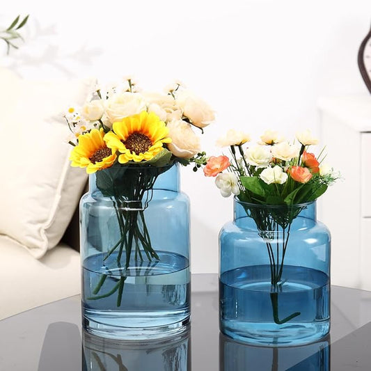 Large Glass Vase, Blue Glass Vase Set of 2, Large Flower Vases for Bouquet, Tall Wide Mouth Vases for Flowers, Home, Wedding, Living Room, Office Decor, 7"+9"