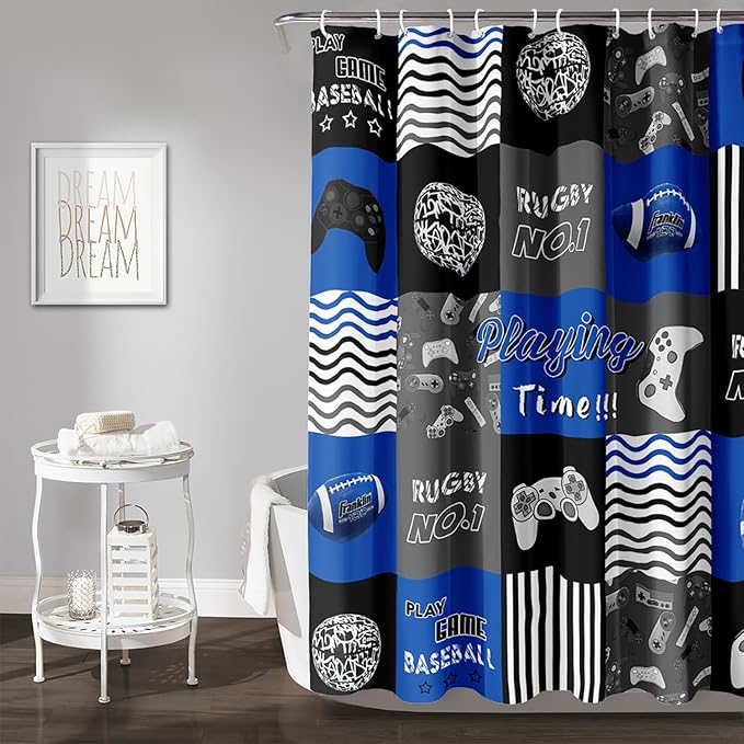 AILONEN Gamepad Shower Curtain,Navy Blue Ball Sports Bathroom Shower Curtain Sets for Boys Kids Teens, 72" W*84" H Gaming Gamer Theme Shower Curtain for Bathroom