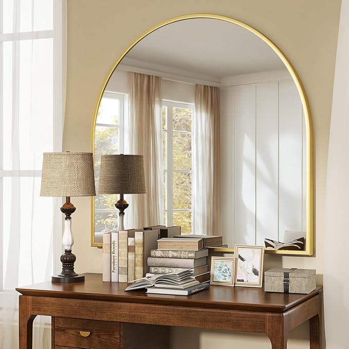 Arched Wall Mirror, 31 x 32 inch Arch Bathroom Mirror, Wall Mounted Vanity Mirror with Arch Metal Frame, Modern Bathroom Vanity Mirror for Bedroom, Living Room, Hanging or Leaning, Gold