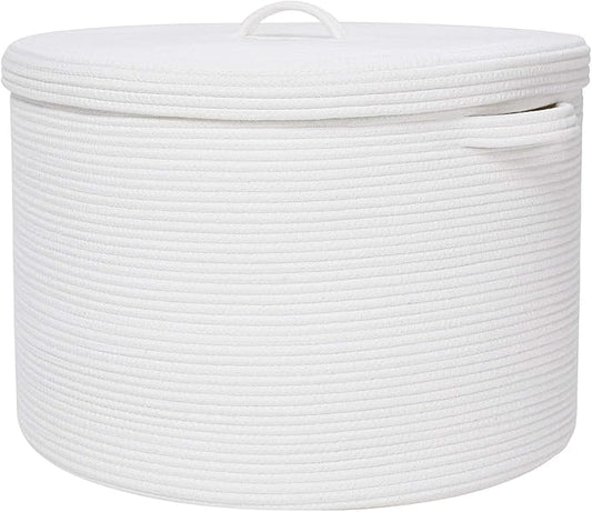 20" x 20" x 15" Extra Large Storage Basket with Lid, Cotton Rope Storage Baskets, Laundry Hamper, Cloth Bin, for Clothes Towels Blankets Pillows Storage in Living Room, Full White Basket with Cover