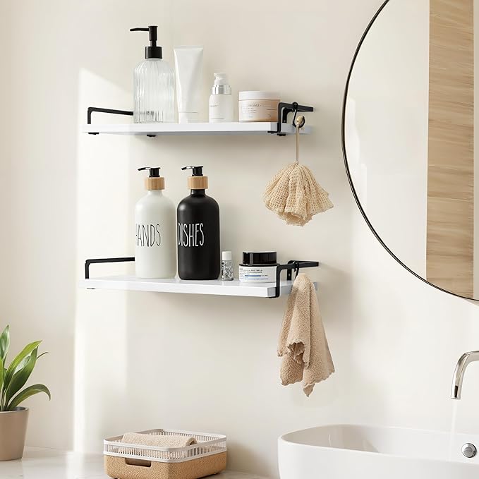 Gronda White Floating Shelves for Wall Storage Shelf with Black Brackets for Bathroom Kitchen Laundry Over Toilet Wooden Hanging Organizer Modern Minimalist Decor for Bedroom Living Room, Set of 2