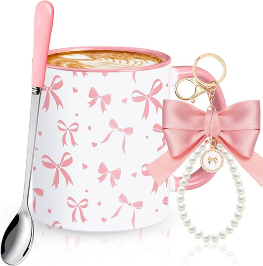 Sliner Pink Coquette Bow Coffee Mug Wedding Bridal Shower Gift Set Engagement Gift Ideas 11oz Aesthetic Ceramic Cup with Bow Keychain and Spoon Preppy Mug for Women Bride Christmas Birthday