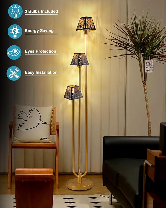 63IN Gold Floor Lamp, Unique 3 Poles Tall Standing Lamps with Metal Shade, 3000K Warmwhite Mid Century Modern Floor Lamp for Living Room Home Office(Bulbs Included)