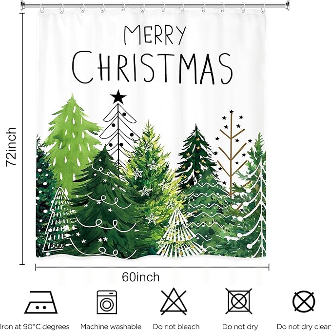 Christmas Tree Forest Shower Curtain 72Wx72L Inch Xmas Winter Pine Holiday Seasonal Green Bathroom Set Accessories Decor Polyester Waterproof with 12 Pack Hooks