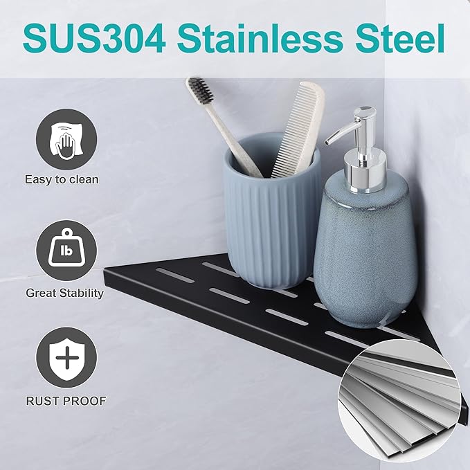 10" Corner Shower Shelf, 2-Pack Bathroom Shelves for Tile Walls, SUS304 Stainless Steel Recessed Shower Shelf, Grout in Corner Organizer Shelves, Matte Black