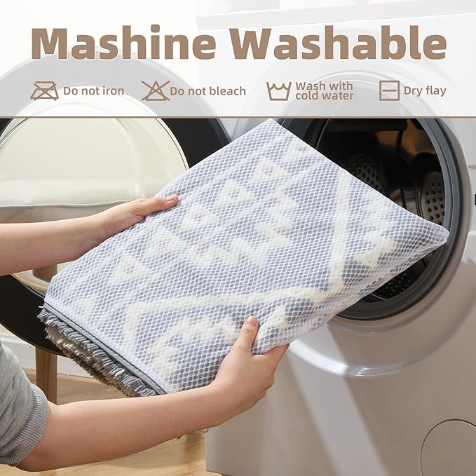 PADOOR-Waffle Bathroom Runner 24"x72", Super Absorbent Bath Mats for Bathroom, Machine Washable Non Slip Bath Rug with Tassels, Soft Bath Mat for Laundry Room, Bedroom, Grey & Cream, 2'x 6'