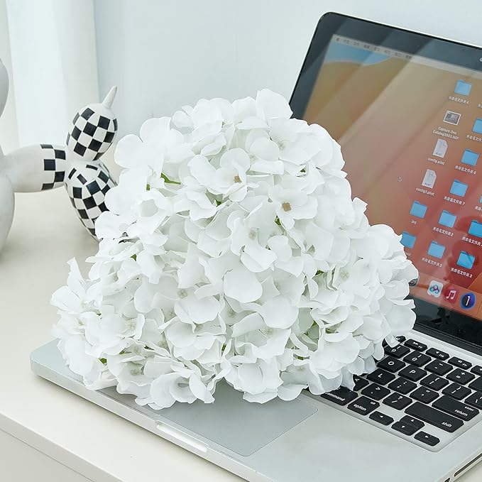 Artificial Hydrangea Flowers Pure White Heads 10 Fake Hydrangea Silk Flowers for Wedding Centerpieces Bouquets DIY Floral Decor Home Decoration with Stems.