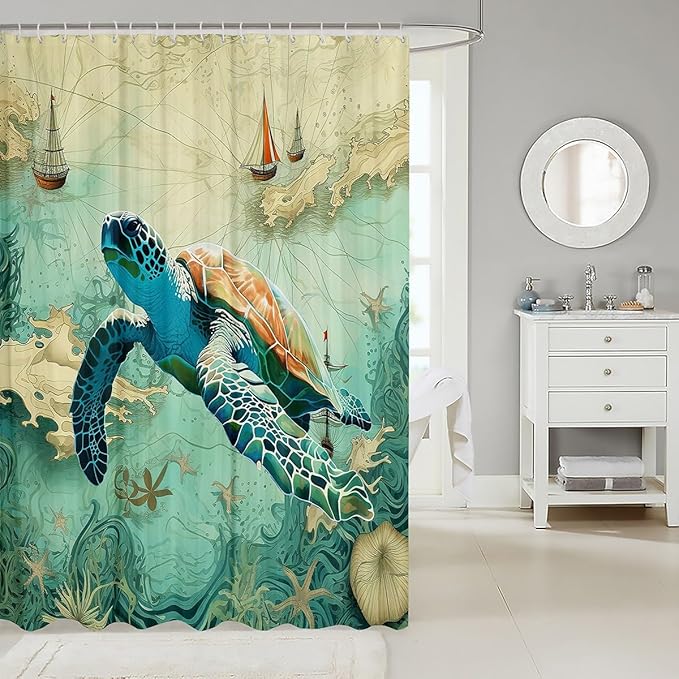 Feelyou Sea Turtle Shower Curtain 72"x84" Kids Sailboat Printed Bathroom Shower Curtain Set for Boys Girls Teens Ocean Themed Bath Curtain Marine Life Sealife Bathroom Accessories