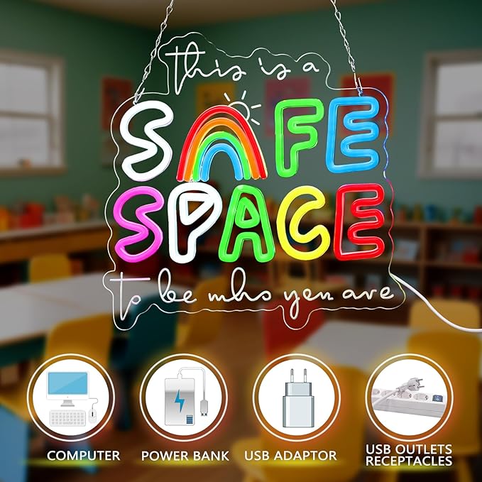 Retisee 13x13 Inches Safe Space Neon Sign This Is a Safe Space to Be Who You Are LED Neon Sign Dimmable Light up for Classroom Therapy Office Home Room Wall Decor