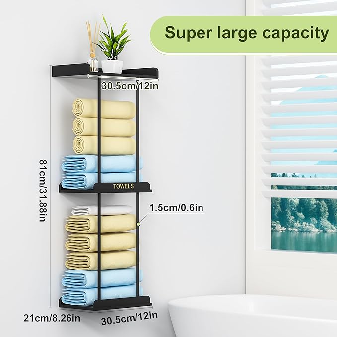 MinBoo Bamboo Bathroom Towel Storage Rack, Towel Racks for Bathroom Wall Mounted with Shelf Can Holds Large Towels, Wall Towel Rack for Rolled Towels, Black