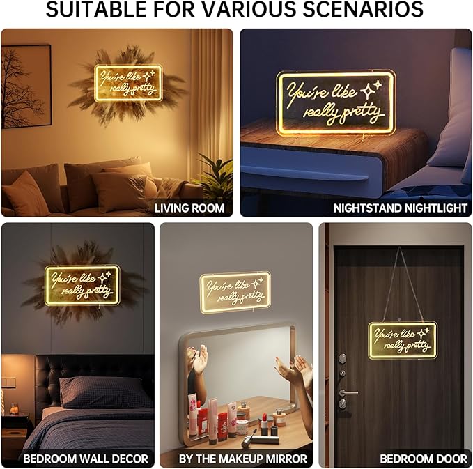 You're Like Really Pretty Neon Signs, Neon Lights for Wall Decor, Neon Sign for Teen Girls Bedroom Decor, Nightstand Light, Dimmable Switch USB Power, Adhesive Hook Included