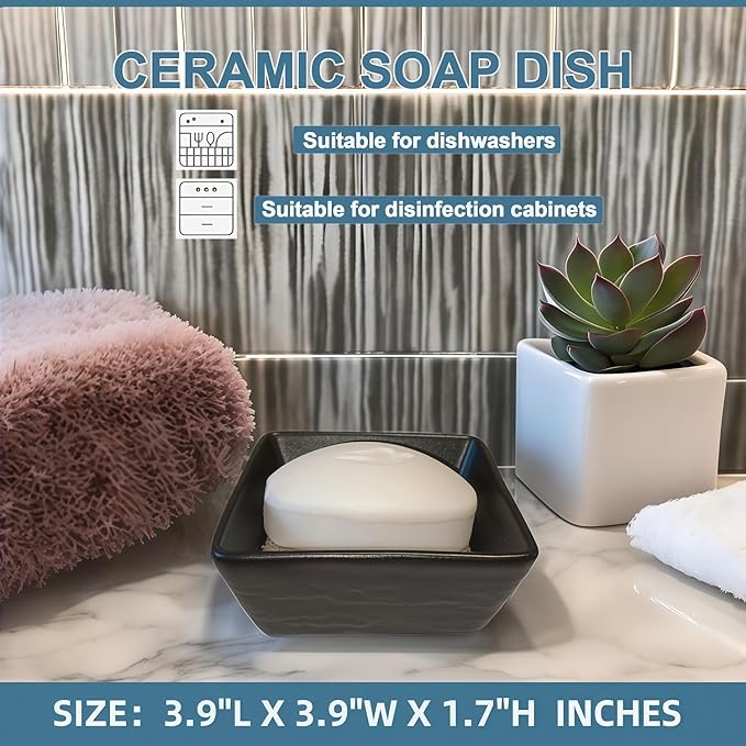 Ceramic Soap Dish, Vonpri Soap Holder Tray, Non-Slip Square Soapbox Container for Handmade Bar Bathroom Sink, Countertop, Shower Stone Texture (Black)