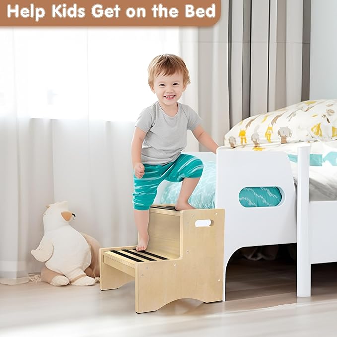 Natural Wooden Step Stool for Kids Toddler Non-Slip Sturdy Two Step Stools with Handles Non-Slip Pads for Child Kids Toddler Kitchen Counter Helper Bathroom Toilet Bed Potty Sink