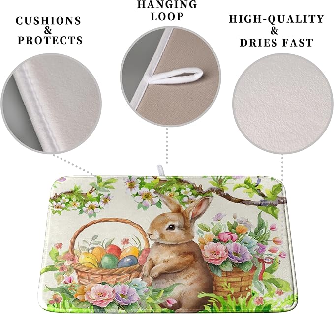 Easter Egg Bunny Dish Drying Mat for Kitchen Counter Floral Flower Basket Drying Mats Absorbent Dish Pad Spring Summer Holiday Large Dish Draining Mat 18x24 inch