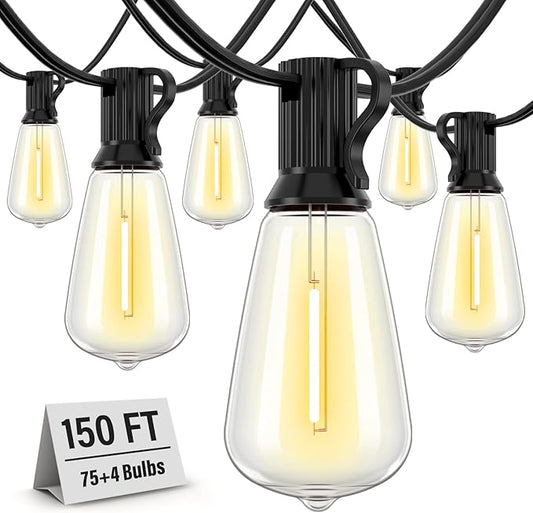 150 Feet LED Outdoor String Lights Waterproof, 2700K LED Patio String Lights with 75+4 Shatterproof Vintage Bulbs, Hanging Lights with Plug in Cord for Porch, Backyard, Garden, Gazebo