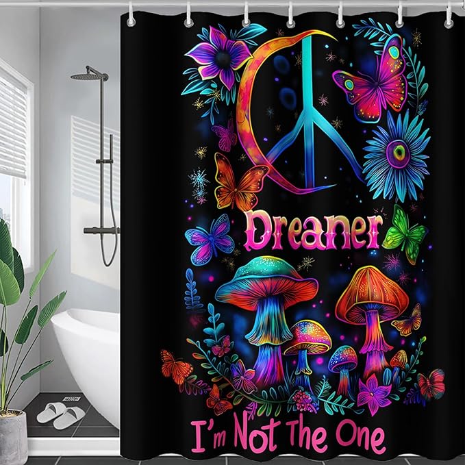 AILONEN Mushroom Shower Curtain for Bathroom,Butterfly Flower Design,Polyester Fabric,Waterproof,Blue Purple Fungus Plants Black Bath Curtains Washable,with 12 Plastic Hooks, 48" W x 72" H