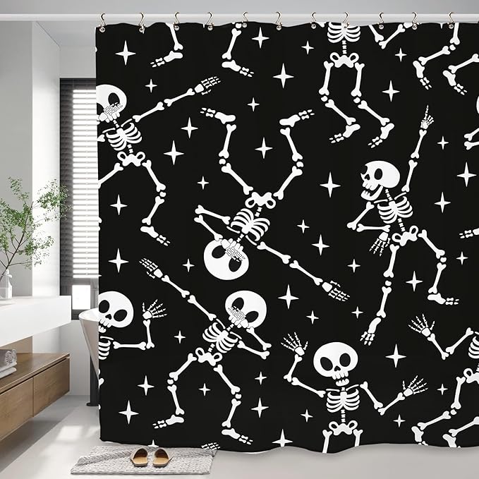Skull Skeleton Halloween Shower Curtain 60Wx72L Inch Funny Black White Scary Horror Spooky Dancing Day of The Dead Holiday Bathroom Set Accessories Decor with 12 Pack Hooks