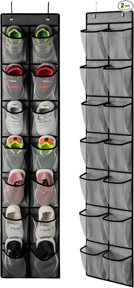 KEEPJOY Over the Door Shoe Organizer, Hanging Shoe Organizer with 4 Hooks,Door Shoe Holder with 14 Mesh Deep Pockets Closet Door Shoe Storage Bag (Grey-2Pack)