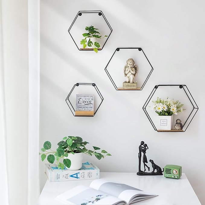 Hexagon Shelves Black for Wall - Metal Wood Floating Honeycomb Shelf - Hanging Planter Shelves for Living Room Bedroom Bathroom Set of 4