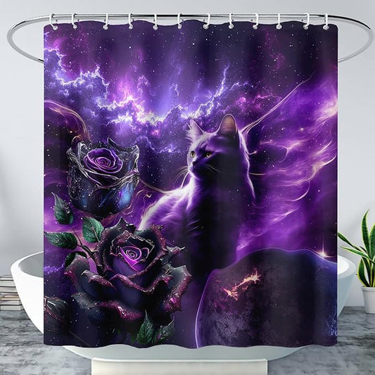 AILONEN 3D Cat Shower Curtain Set, Oil Purple Rose with Black Cat Cloth Bath Curtain for Kids Boys Girls,Boho Starry Night Shower Curtain for Bathroom,72" W*78" H