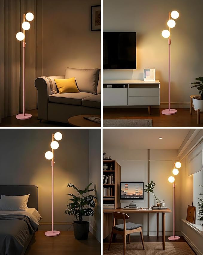 64IN Dimmable Pink Floor Lamp, Tall Standing Lamps with 3 Globe Soft Warm White Eye Care 3000K G9 Bulbs, Mid Century Modern Floor Lamp for Bedroom Office