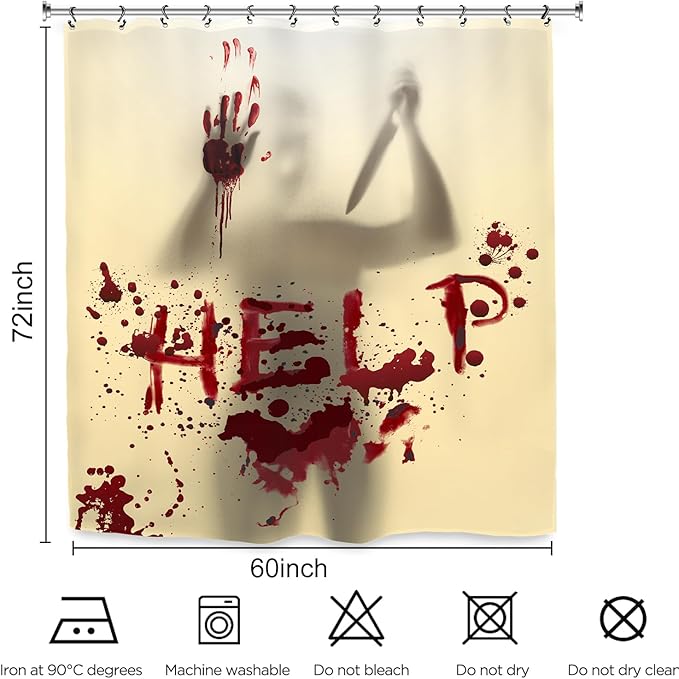 Halloween Horror Scary Shower Curtain 60Wx72L Inch Help Me Blood Silhouette Funny Spooky Holiday Bathroom Set Accessories Decor with 12 Pack Hooks