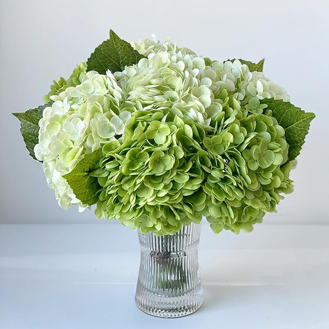 YalzoneMet Hydrangea Artificial Flower Natural Lifelike Real 21 inch Latex Long Stem 2 Light Green+2 Dark Green Hydrangea Flower Bouquets for Home Party Outdoor Wedding Table Centerpiec Decor