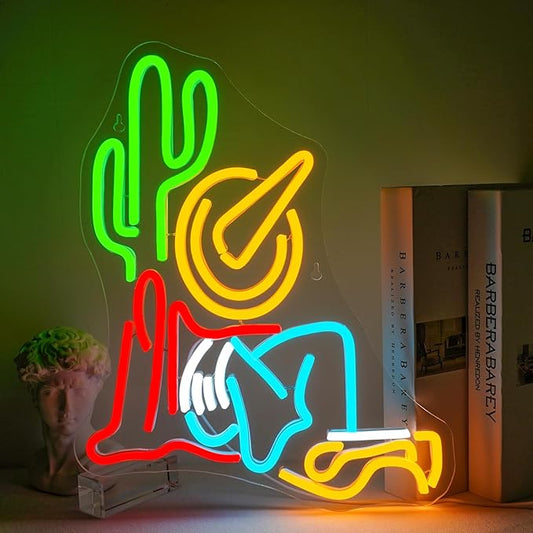 Cowboy Cactus Neon Sign Cowboy Hat Neon Signs for Wall Decor Western Wall Art USB Light Up Sign Dimmable LED Sign For Man Cave,Bar,Party,Bedroom,Home Wall,Gifts for Teens Kids Women Men