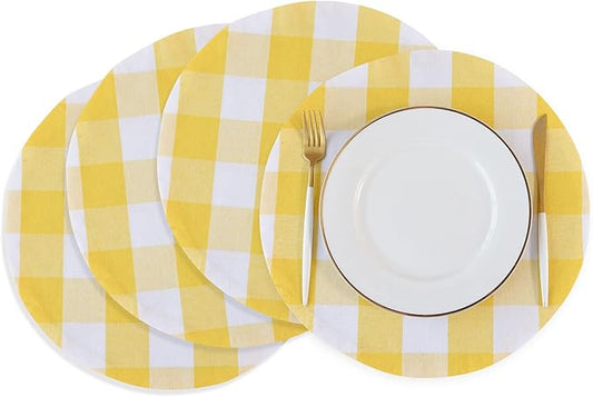 Yellow & White Cotton Buffalo Check Round Placemat, Set of 4, 15 Inch eco-Friendly Fabric Handcrafted Machine Washable Indoor & Outdoor Tablemat
