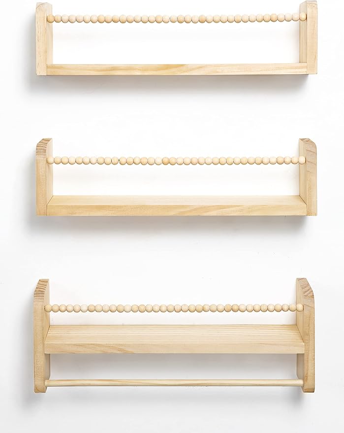 Nursery Floating Shelves for Wall, Set of 3 Book Shelves Natural Wood Wall Mounted Organizer with Towel Bar Hanging Bookshelves Nursery Decor for Kids Room, Bedroom and Kitchen