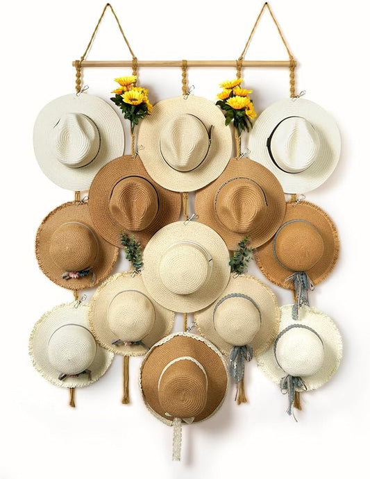Macrame Hat Organizer Rack for Wall 15 Clips 31x53in Large Fedora Hat Hangers Display for Wide Brimmed Hat Holder Storage Boho Decor for Fedora Sun Straw Panama Closet Bedroom Brown