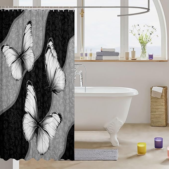 Feelyou Butterfly Shower Curtain 72"x78" Kids Butterflies Botanical Floral Print Bathroom Shower Curtain Set for Boys Girls Teens Geometric Stripes Bath Curtain Black White Bathroom Accessories