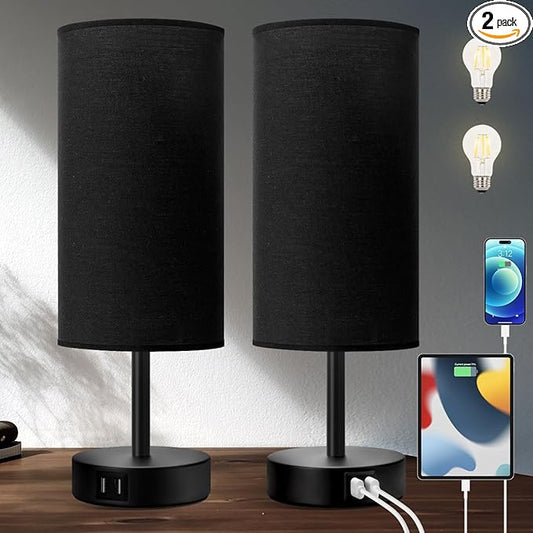 Yarra-Decor Bedside Lamps with USB Port - Touch Control Table Lamp for Bedroom 3 Way Dimmable Nightstand Lamp Set of 2 with Round Black Fabric Shade for Living Room, Dorm, Home Office (Black, 2 Pack)