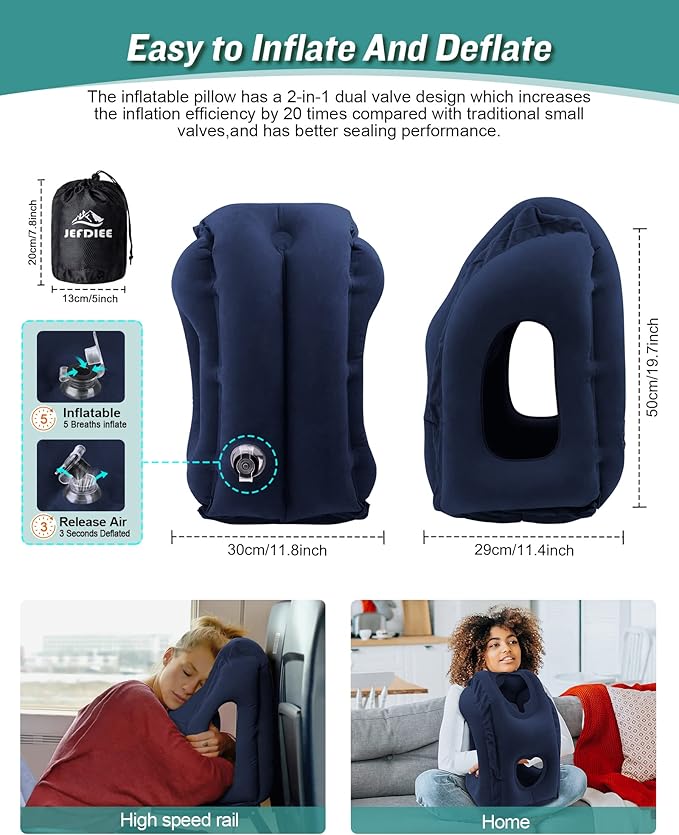 JefDiee Inflatable Travel Pillow, Airplane Neck Pillow Comfortably Supports Head and Chin for Airplanes, Trains, Cars and Office Napping with 3D Eye Mask, Earplugs and Portable Drawstring Bag (Blue)