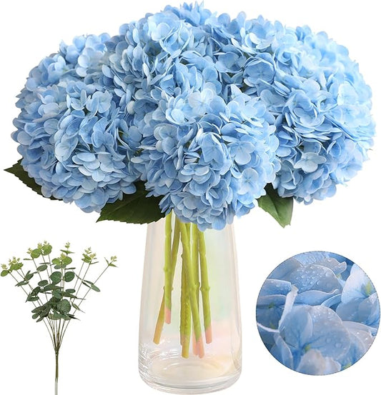 Tifuly Fake Hydrangea Artificial Flowers with Vase 4pcs Real Touch Faux Hydrangea and 3pcs Eucalyptus Stems for Wedding Centerpiece Home Party Table Decoration（Blue）