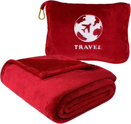 Bnuitland Travel Blanket and Pillow 2 in 1, Soft Flannel Airplane Blanket in Bag Compact-Long Flight Essential for Adults and Kids, Portable Luggage Sleeve and Backpack Clip, 65×40 inch Red
