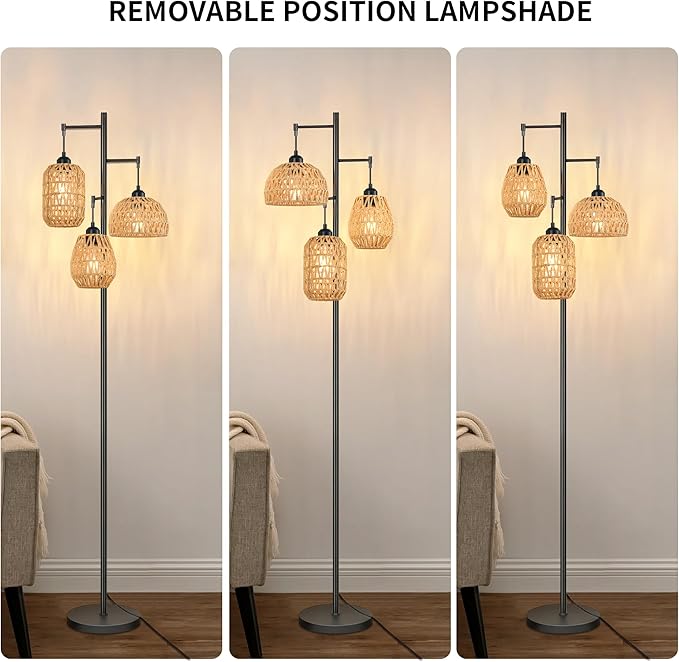 Boho Floor Lamp for Living Room Bedroom - Farmhouse 3 Rattan Wicker Shades, Rustic Black Vintage Standing Light 68" Tall Tree for Office, Reading, Corner